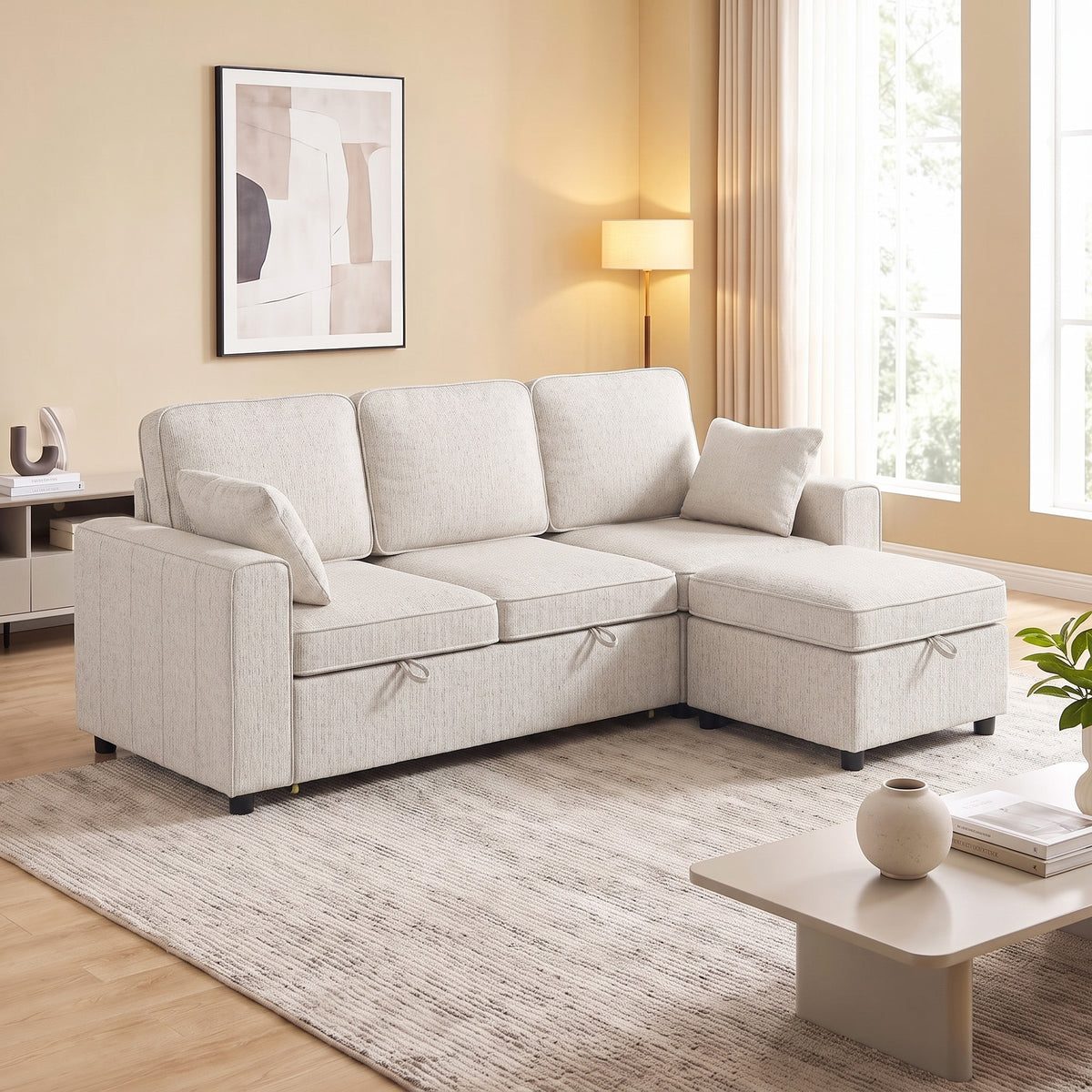 Canapé d'Angle Convertible, Canapé-Lit 3 Places Modulaire 225 cm avec Pouf de Rangement, Beige