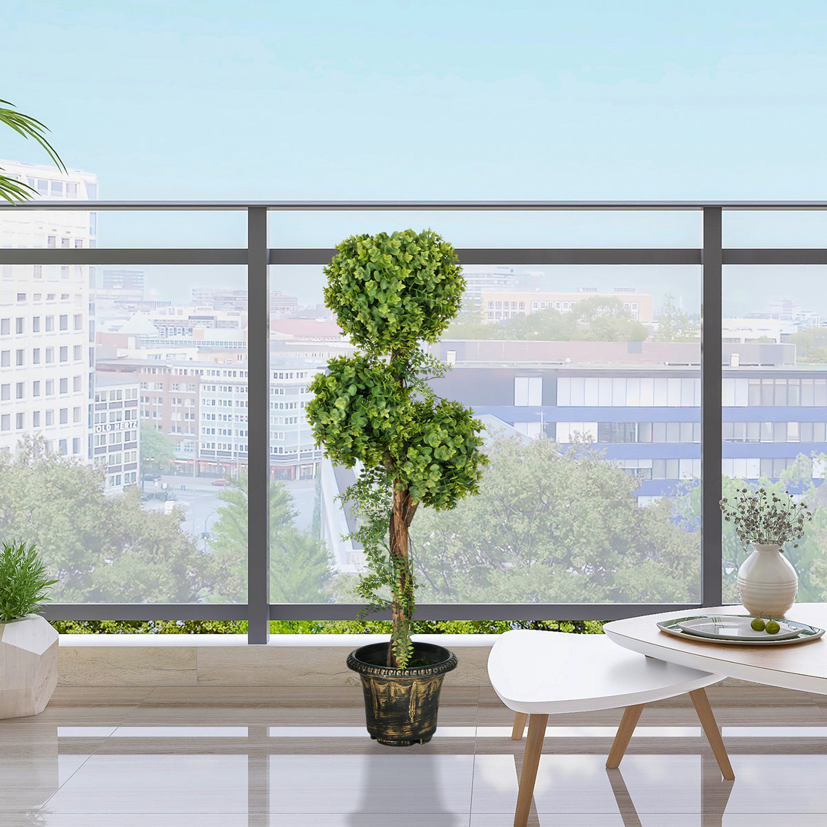 Plante artificielle, 3 boules de buis avec pot ciment, hauteur 115 cm