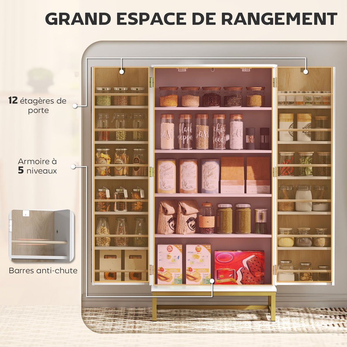 Armoire de cuisine meuble, 12 étagères à portes,58x29x119,5cm, blanc