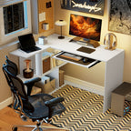 Bureau d'angle bureau en L, plateau à clavier coulissant, 120x100x76cm, blanc