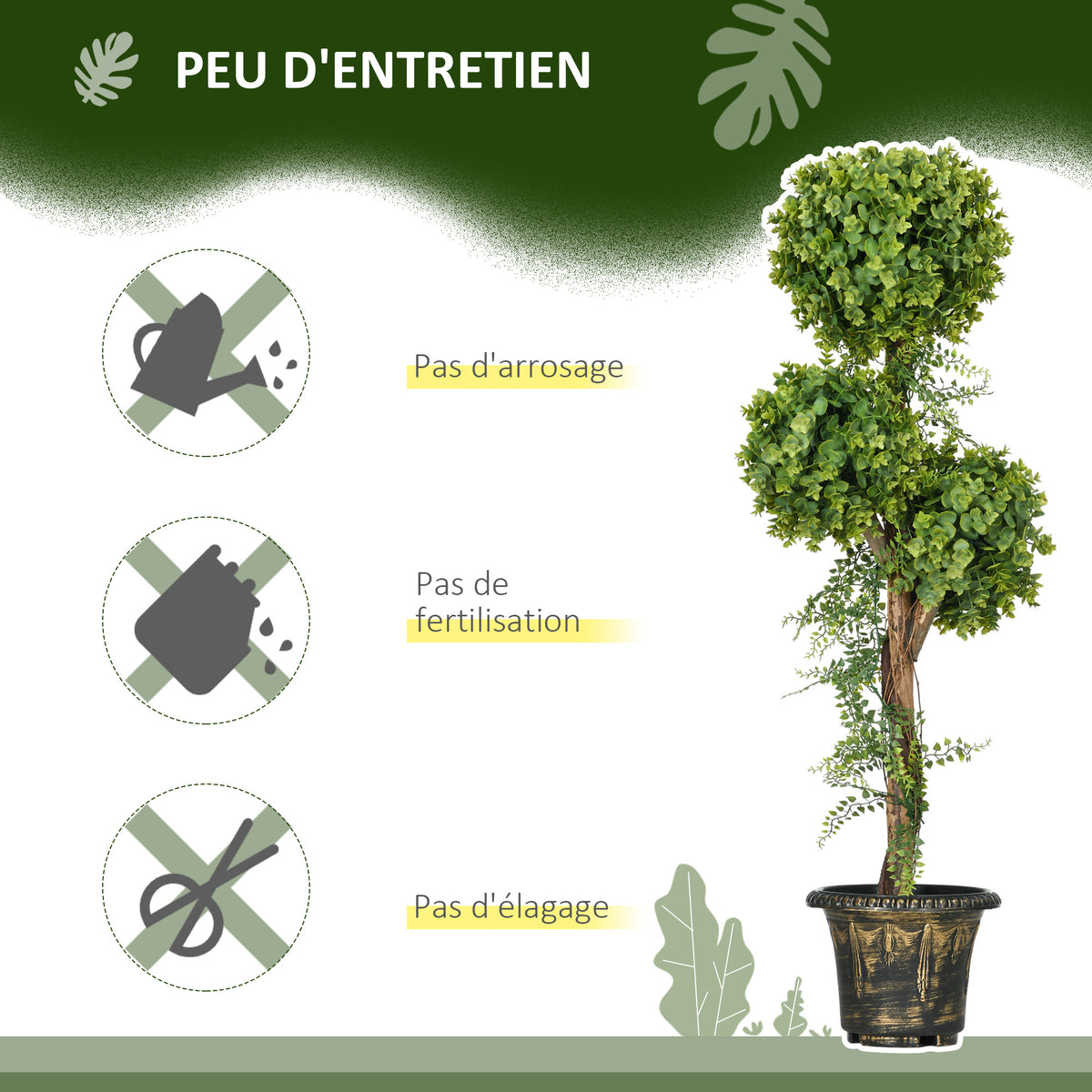 Plante artificielle, 3 boules de buis avec pot ciment, hauteur 115 cm