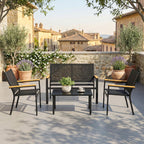 Salon de jardin extérieur 4 pièces avec canapé 2 places, 2 chaises et table basse en verre trempé, noir