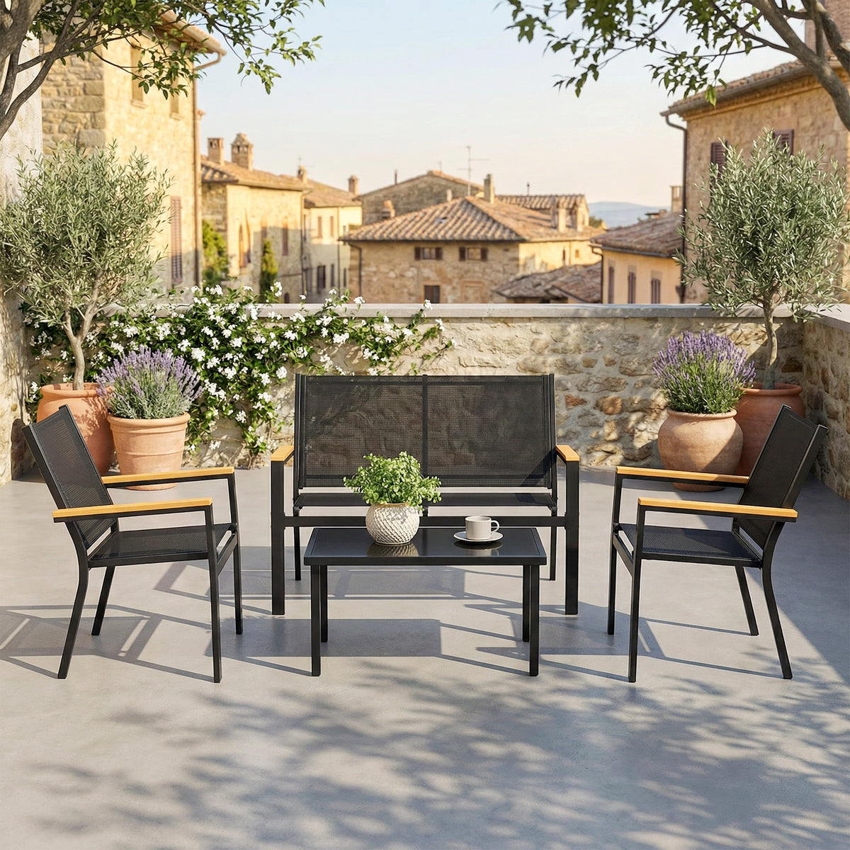 Salon de jardin extérieur 4 pièces avec canapé 2 places, 2 chaises et table basse en verre trempé, noir