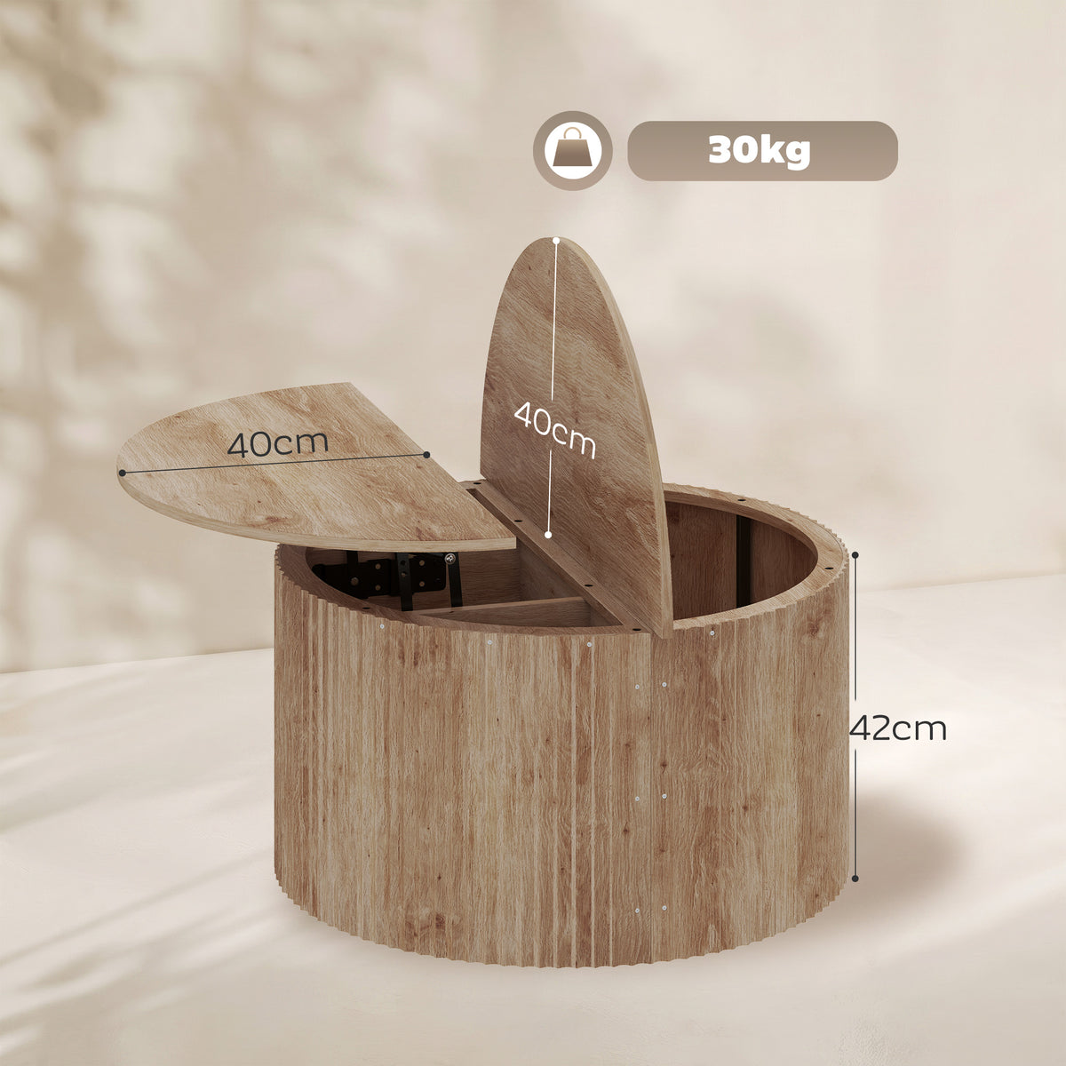 Table basse relevable, compartiment caché et plateau à fermeture douce, bois naturel
