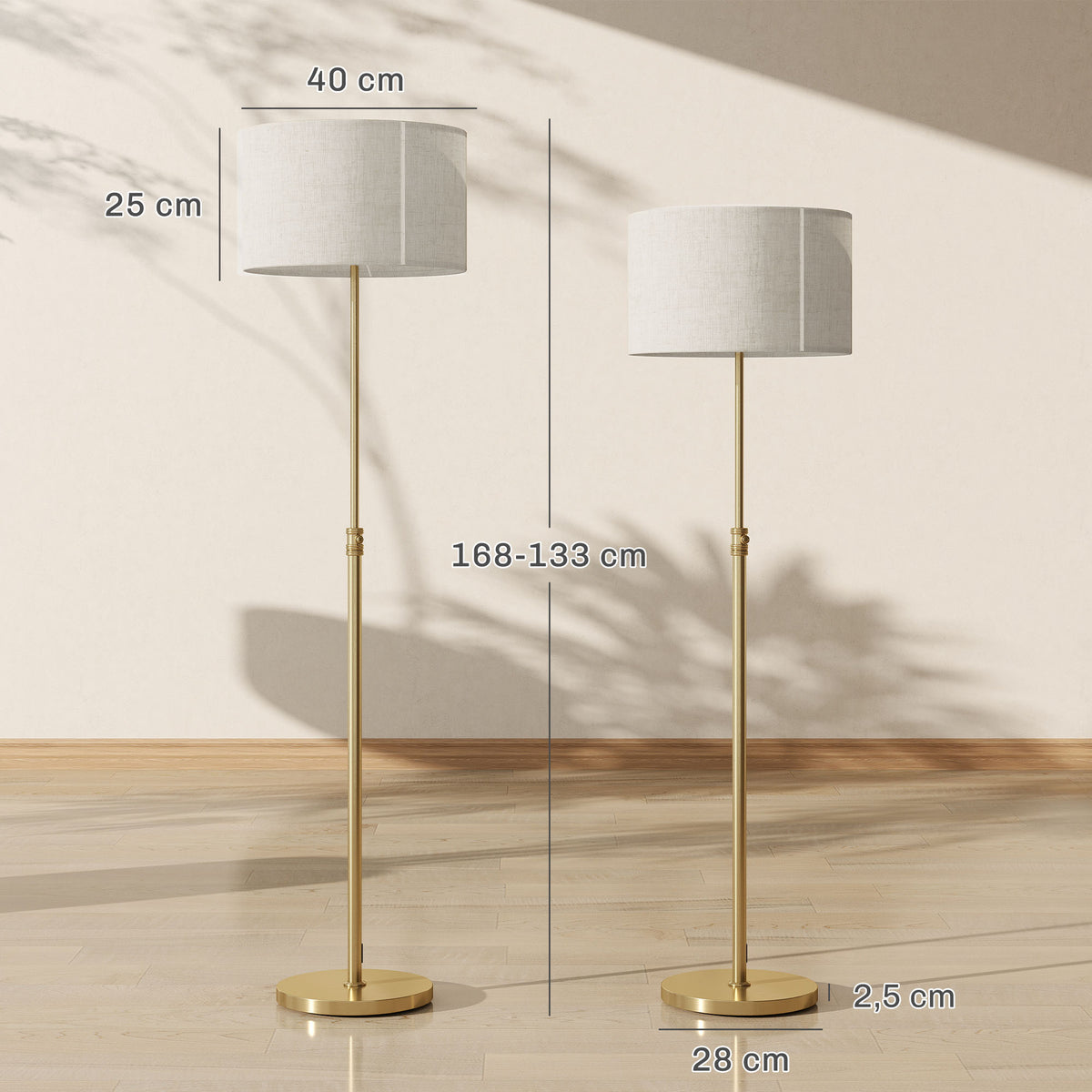 Lampadaire / lampe sur pied, abat-jour en lin, hauteur réglable 133-168cm, doré