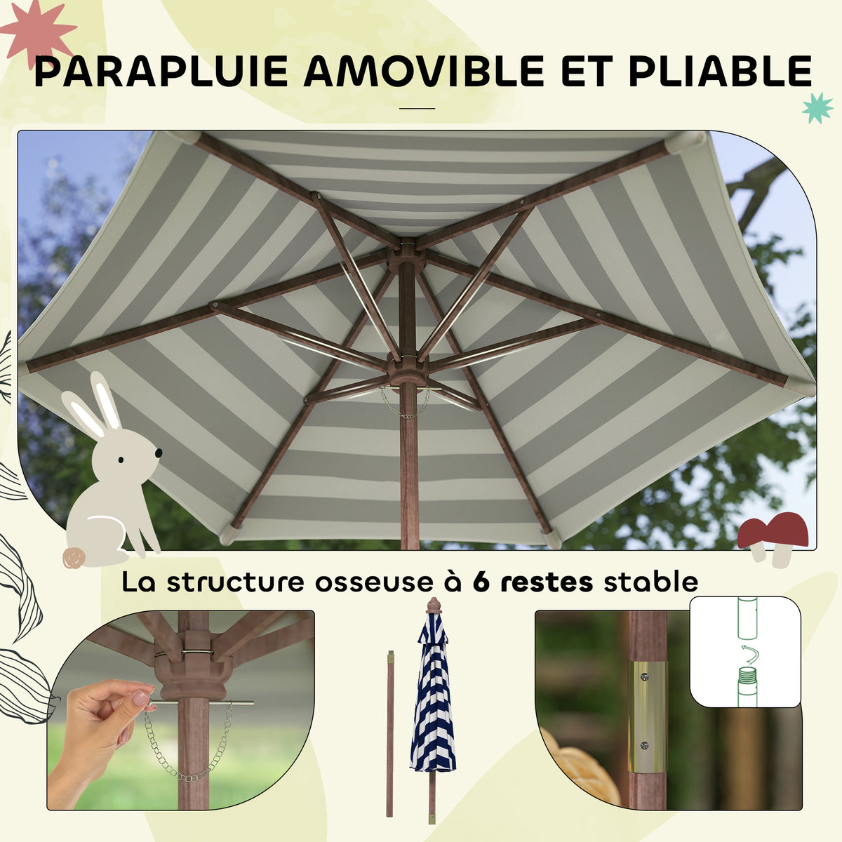 Ensemble salon de jardin enfant avec coussins et parasol amovible, rayé bleu marine et blanc