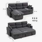 Canapé d'angle convertible en velours, canapé-lit 3 places, coussins, 205x135x76cm, gris