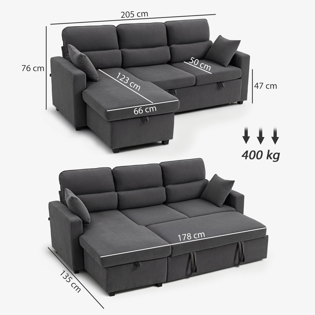Canapé d'angle convertible en velours, canapé-lit 3 places, coussins, 205x135x76cm, gris
