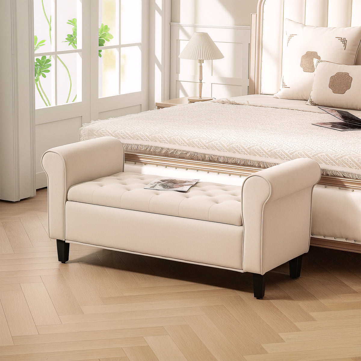 Banc de rangement bout de lit avec accoudoirs, tissu effet velours rembourré, 126 x 48,5 x 57 cm, beige