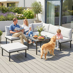 Salon de jardin modulable 6 personnes, table basse avec plateau en verre trempé, gris clair