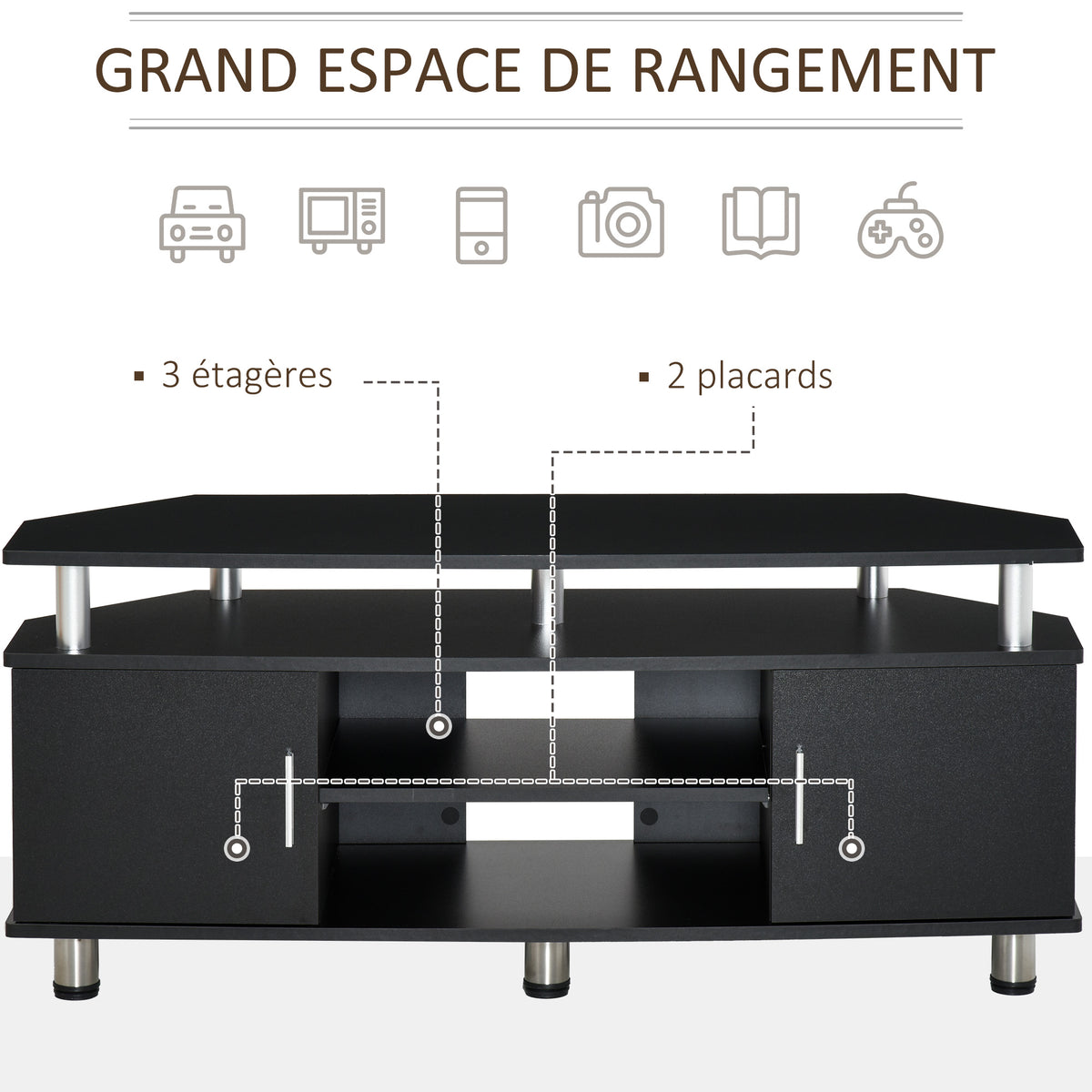 Meuble TV jusqu'à 55 pouces avec grand plateau, placards à portes