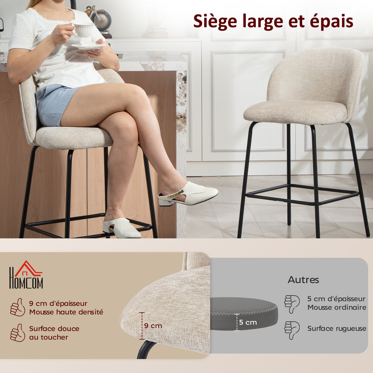 Lot de 2 tabourets de bar, repose-pied, hauteur d'assise 68 cm, beige