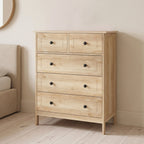 Commode 5 tiroirs, chêne et poignée métal noir