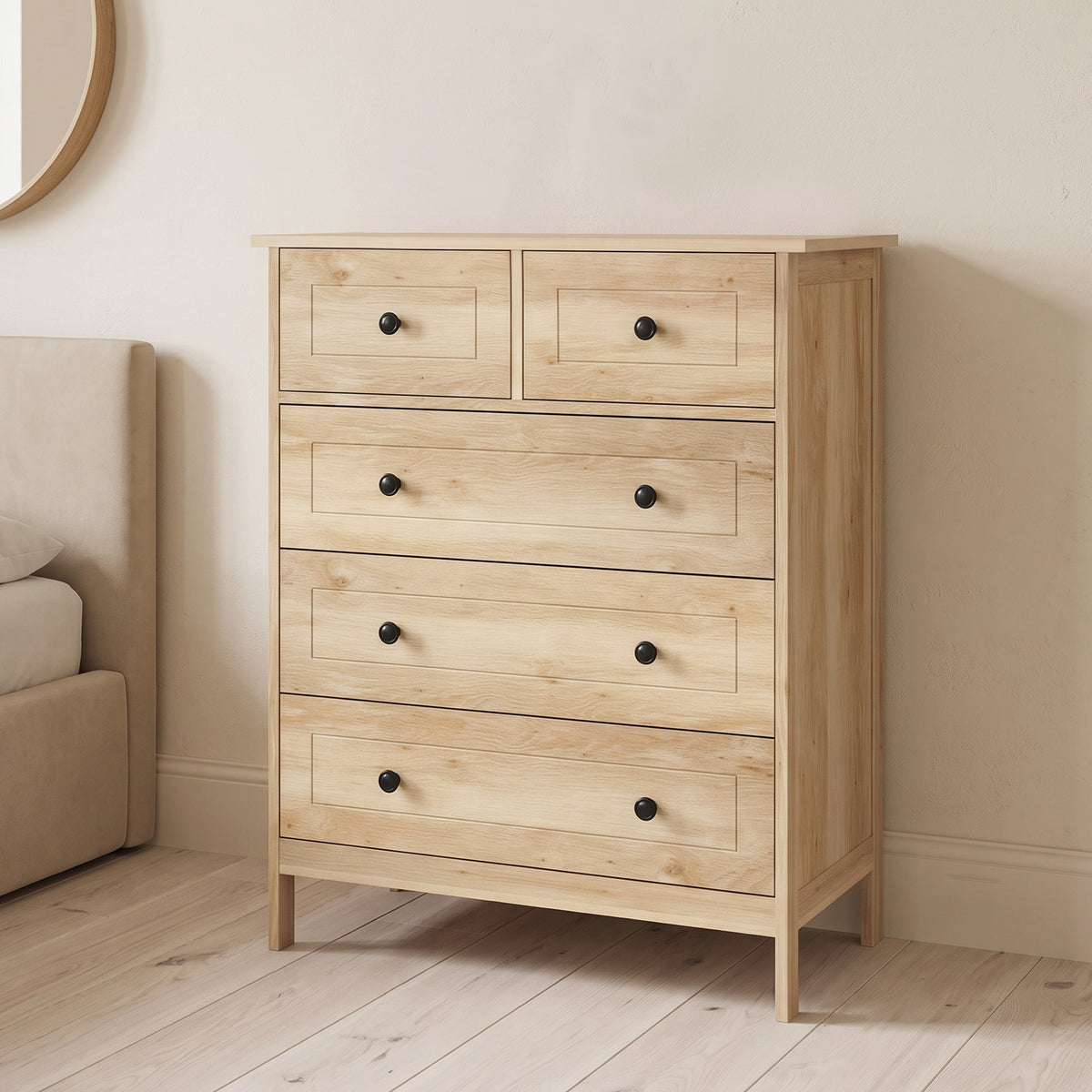 Commode 5 tiroirs, chêne et poignée métal noir