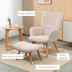 Fauteuil avec repose pied, pieds en bois et tissu aspect velours