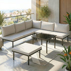 Salon de jardin modulable 6 personnes, table basse avec plateau en verre trempé, gris clair