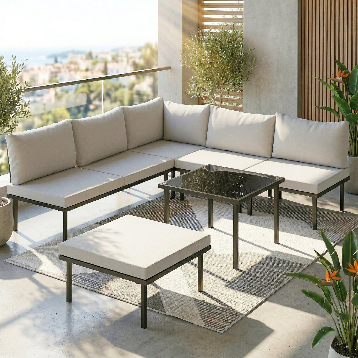 Salon de jardin modulable 6 personnes, table basse avec plateau en verre trempé, gris clair