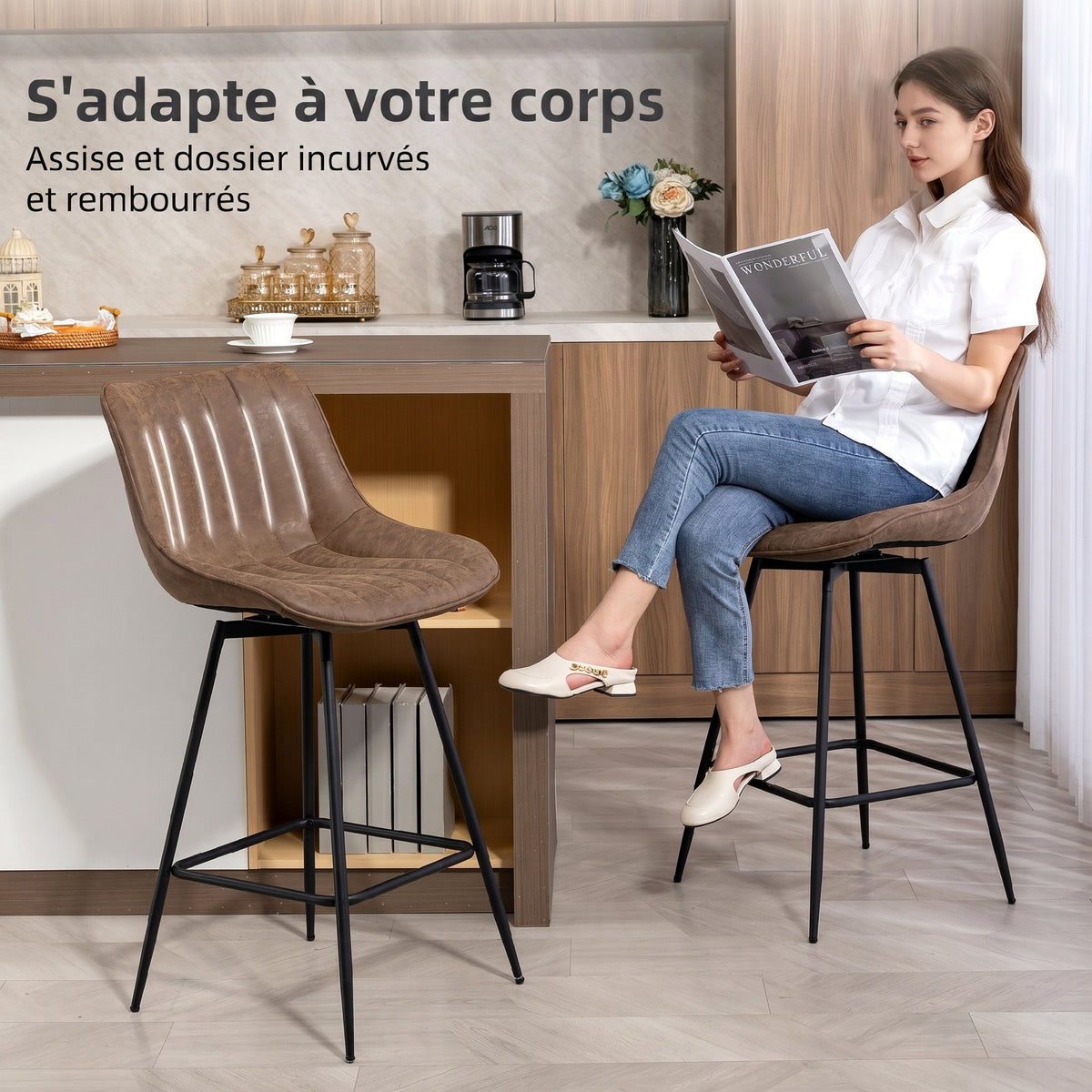 Lot de 2 tabourets de bar, repose-pieds, marron
