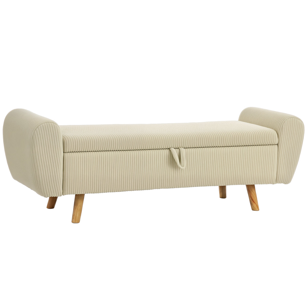 Banc de rangement 73 L, coffre de rangement et pieds en bois d'hévéa, beige