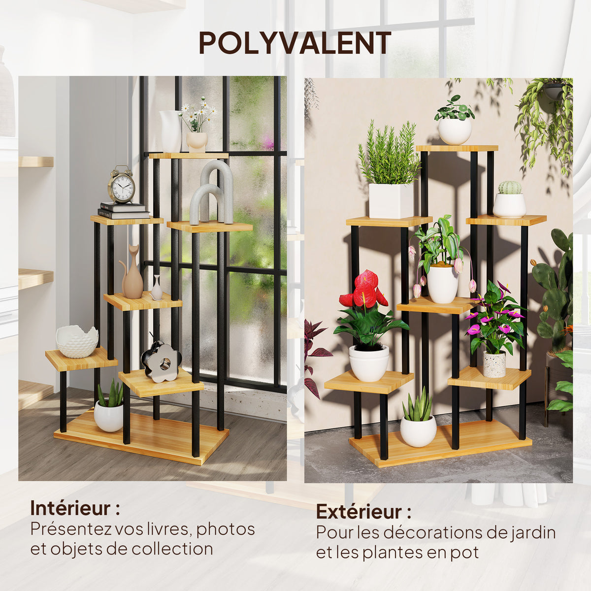 Support à plantes à 7 niveaux, étagère plante en acier et bois, bois naturel
