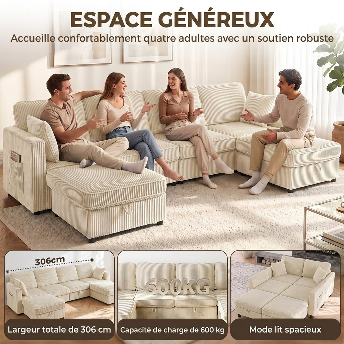 Canapé 4 Places avec 2 Poufs de Rangement, Modulable en U 306 cm en Velours, 4 Coussins, Crème