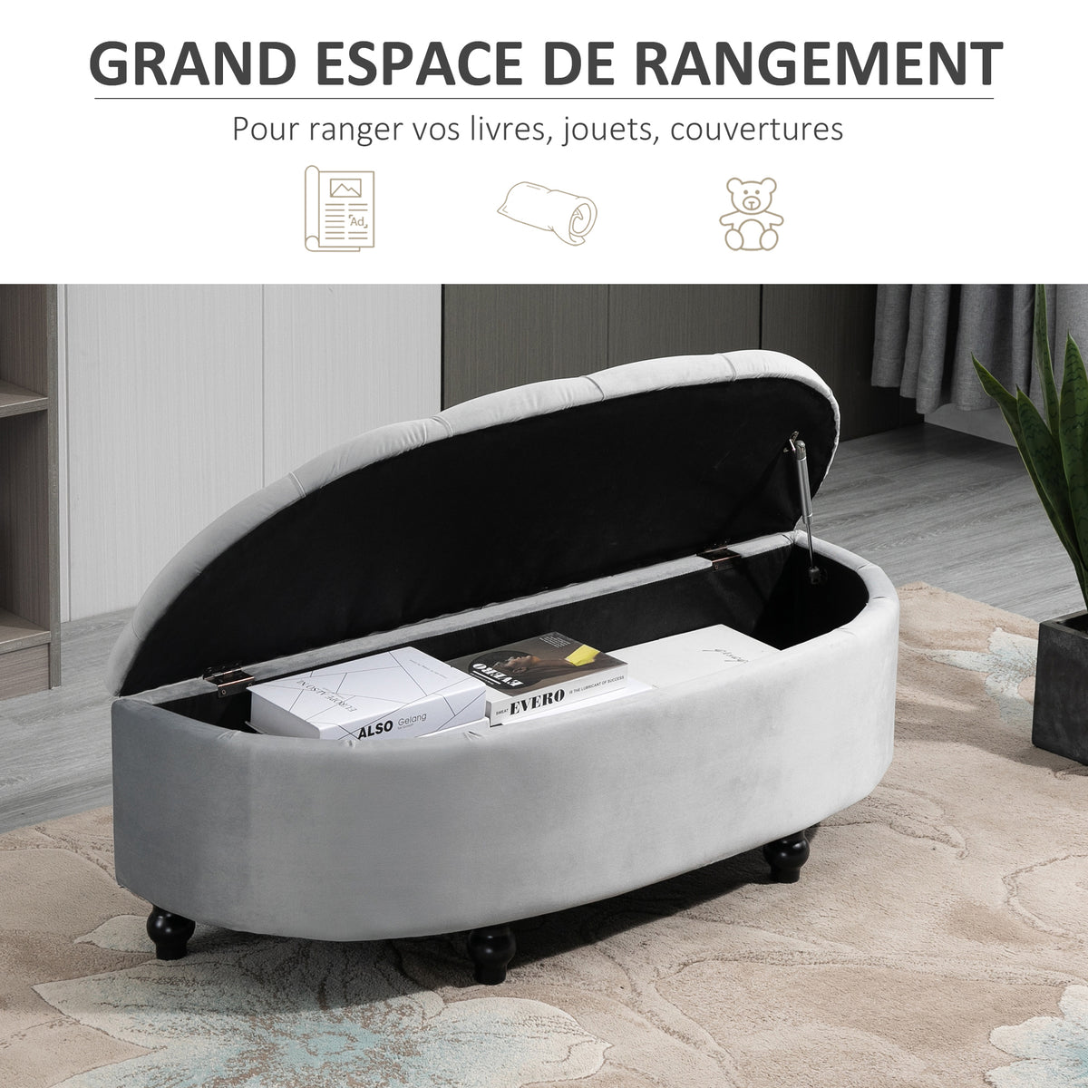 Banc de rangement, velours, pieds en bois d'hévéa, 120 x 46 x 42 cm, gris