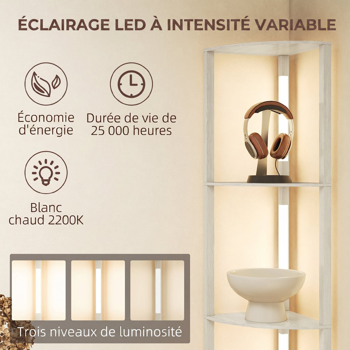 Lampadaire / lampe avec Étagères d'Angle à 4 Niveaux, Lampe LED Dimmable, 41x29,5x163,5cm, Chêne