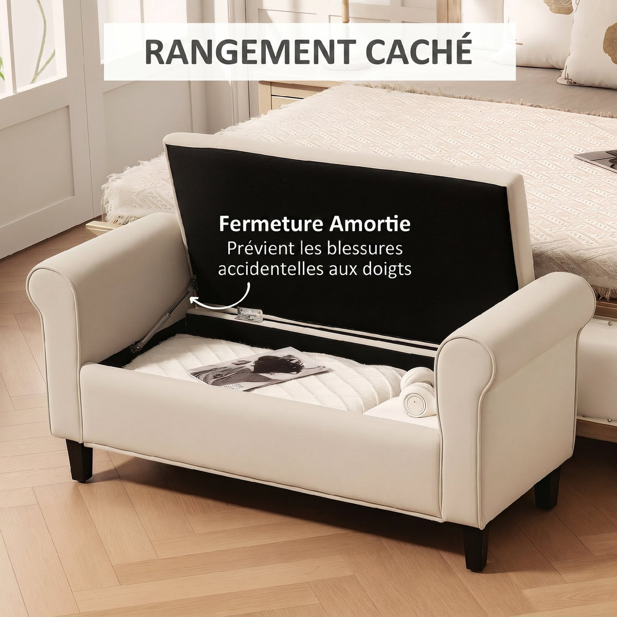 Banc de rangement bout de lit avec accoudoirs, tissu effet velours rembourré, 126 x 48,5 x 57 cm, beige