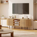 Meuble TV, 60 pouces, 2 portes à lattes, 140x40x52cm, bois naturel