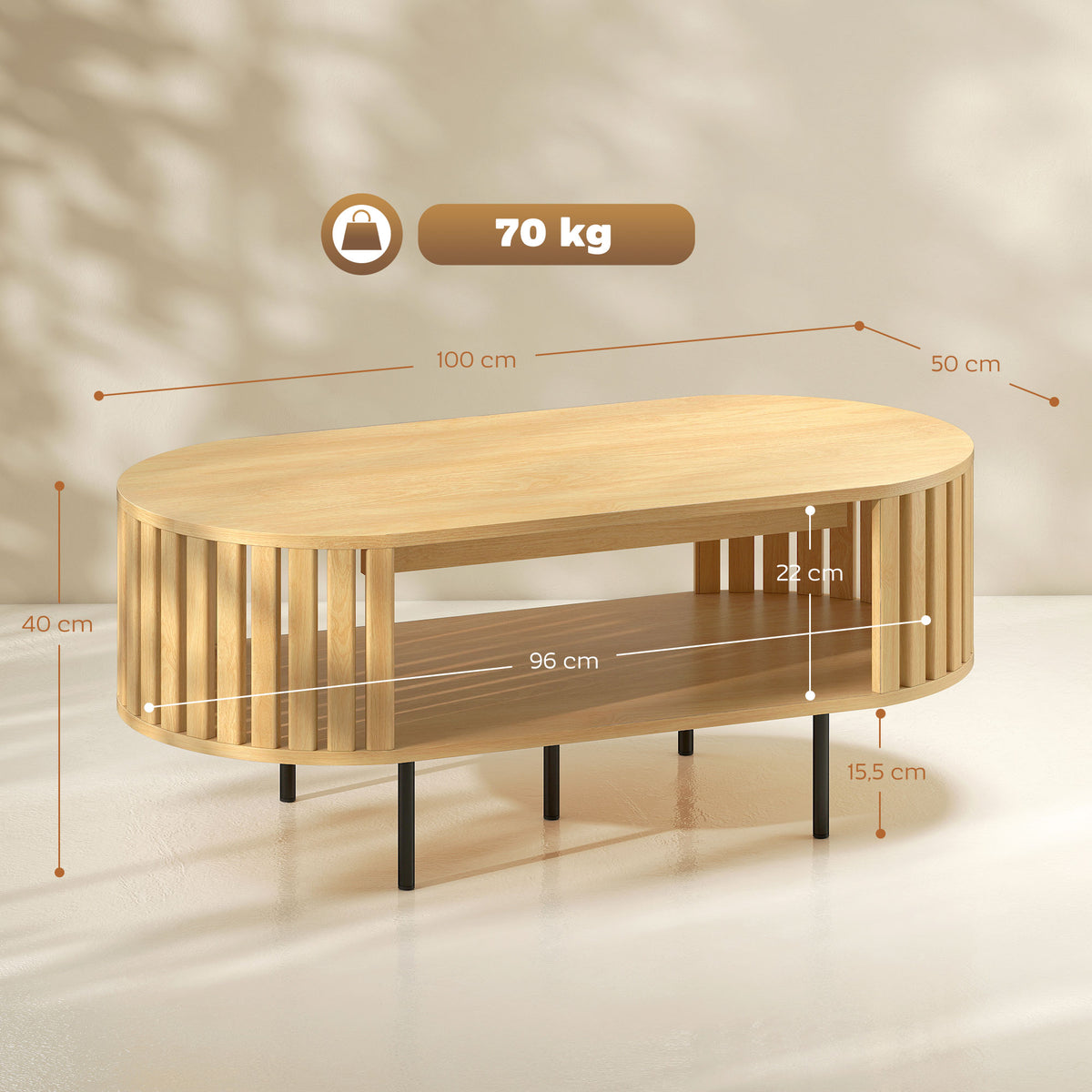 Table basse ovale, design lattes, 100 x 50 x 40 cm, effet bois naturel