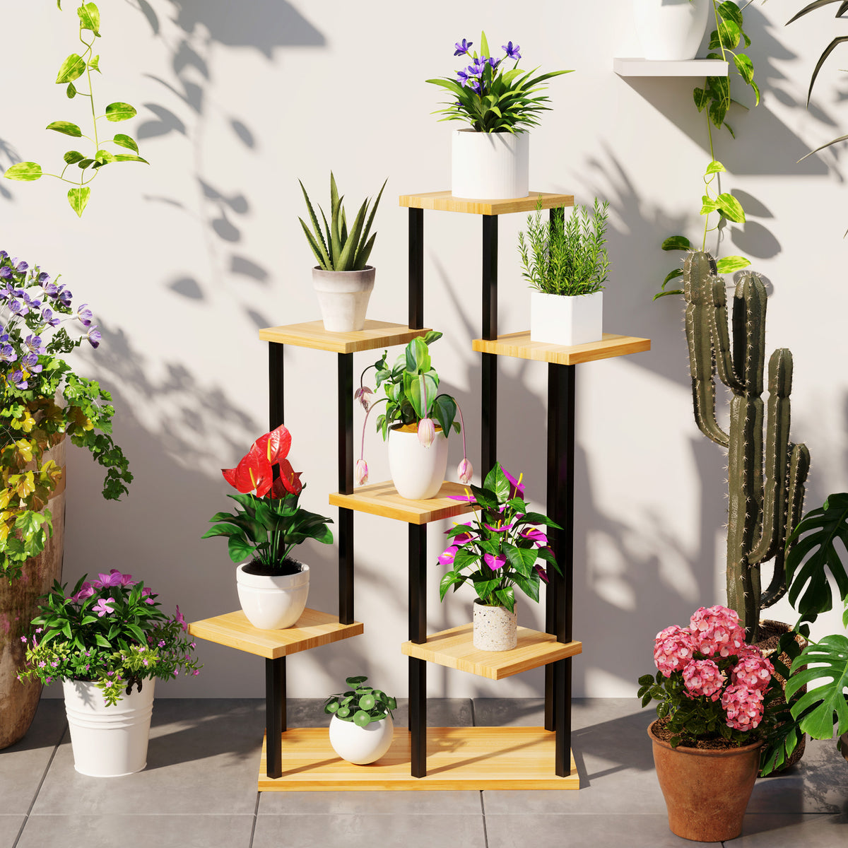 Support à plantes à 7 niveaux, étagère plante en acier et bois, bois naturel