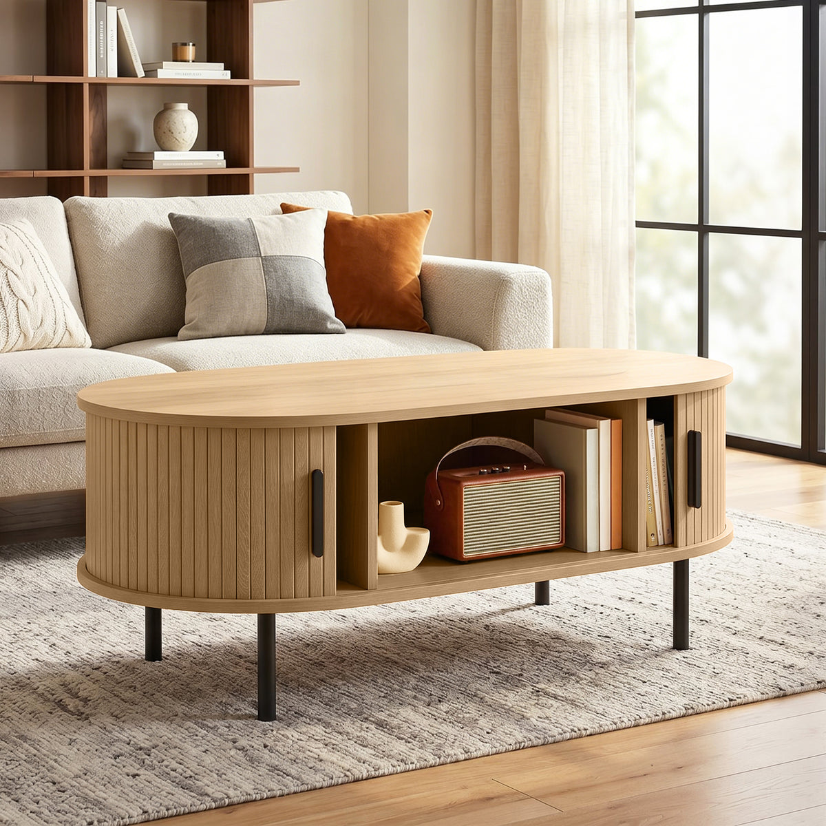 Table basse ovale en bois, portes coulissantes et rangement caché, 100x55x40cm, bois naturel