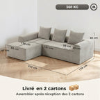 Canapé d'Angle, Canapé 3 Places en L 242 cm, Gris Clair