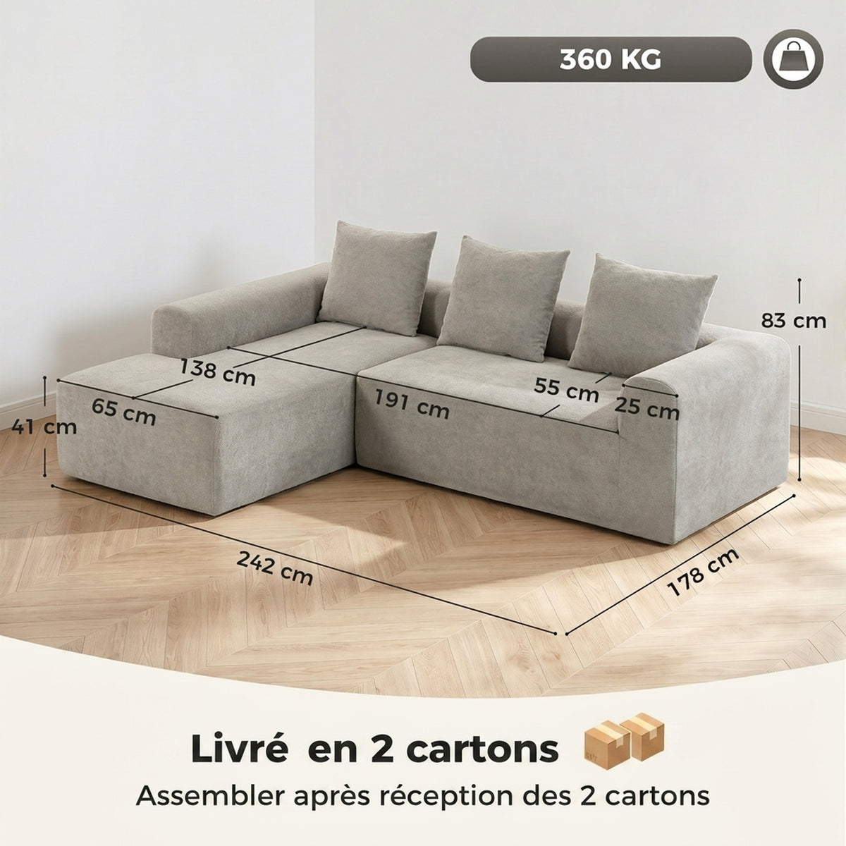 Canapé d'Angle, Canapé 3 Places en L 242 cm, Gris Clair