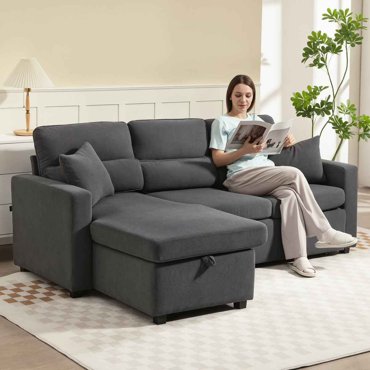 Canapé d'angle convertible en velours, canapé-lit 3 places, coussins, 205x135x76cm, gris
