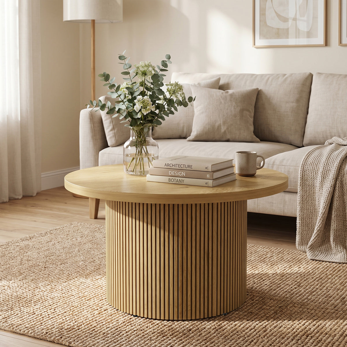 Table basse ronde en bois, effet bois naturel