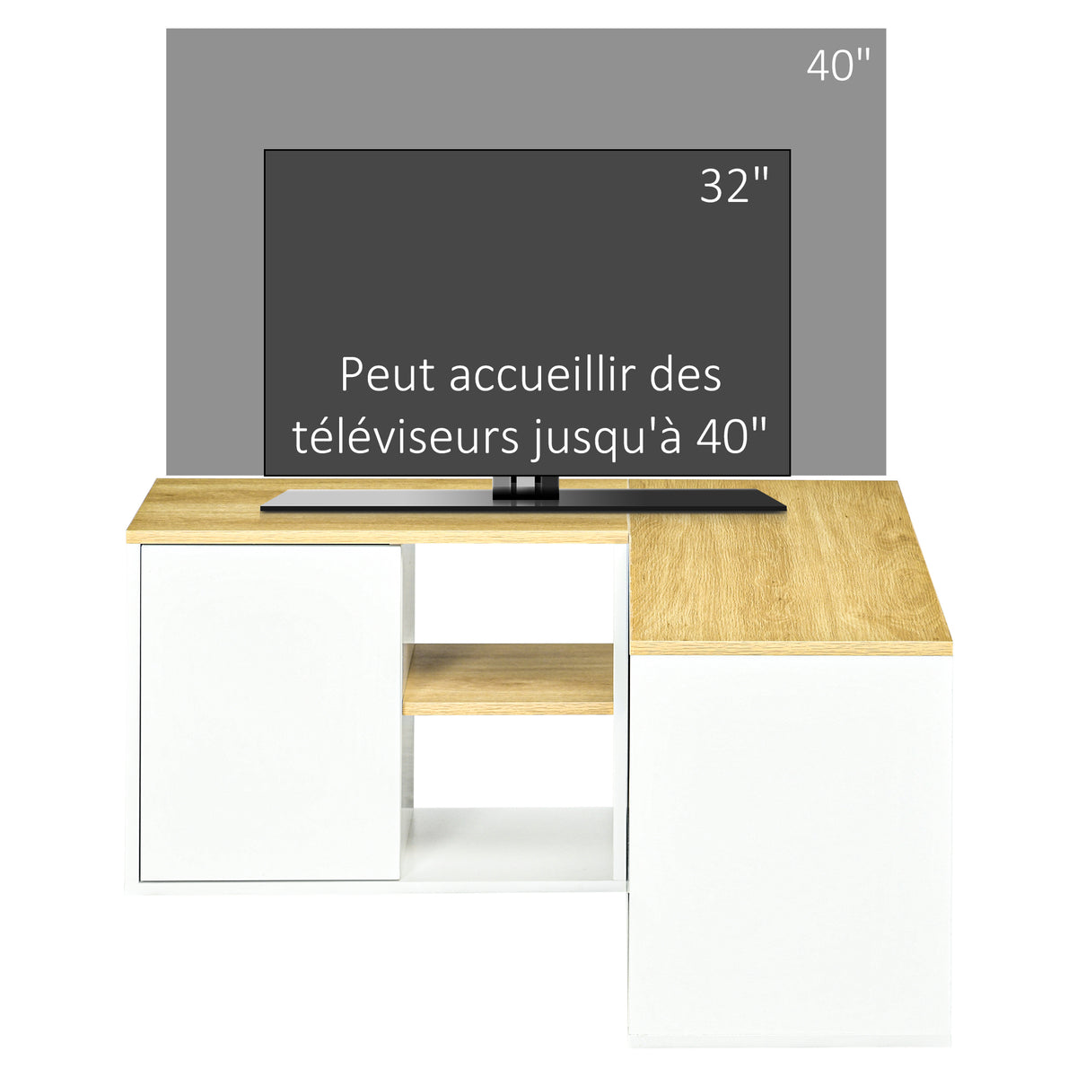 Meuble TV d'angle, jusqu'à 40 pouces avec rangements aspect bois clair et blanc