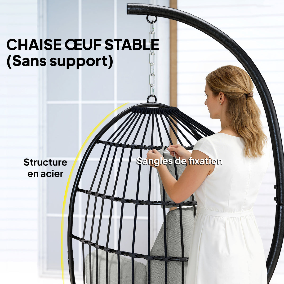 Fauteuil suspendu, coussins rembourrés, porte-gobelet, oreiller, gris foncé