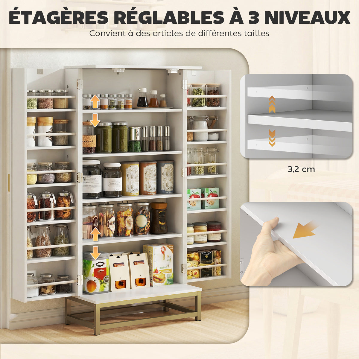 Armoire de cuisine, 12 étagères à portes, 58x29x119,5cm, blanc