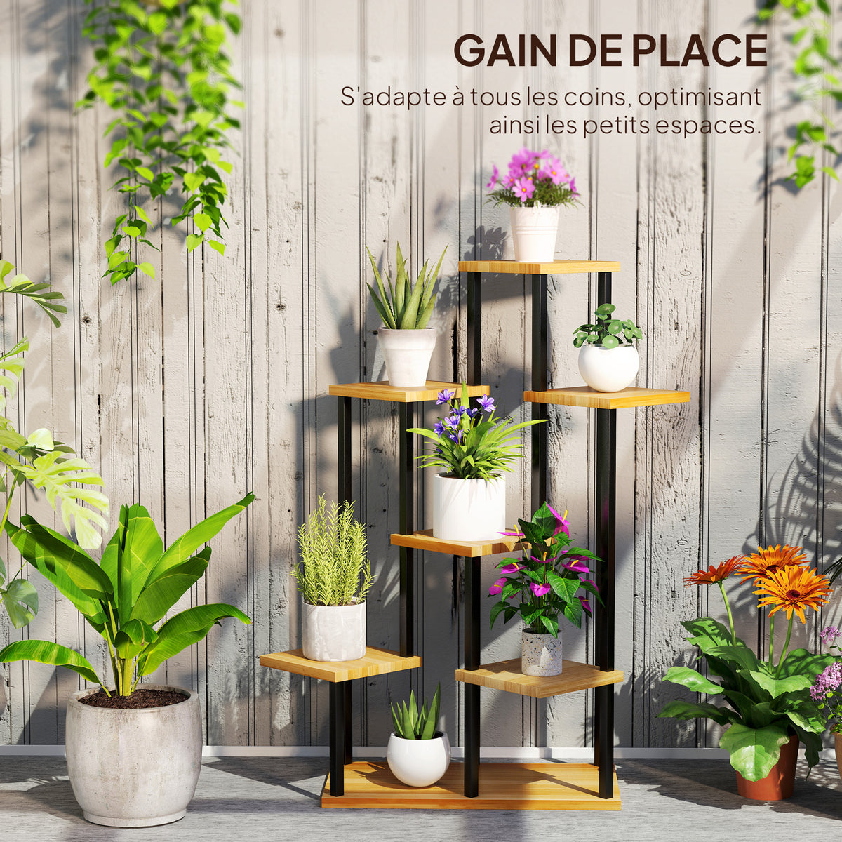 Support à plantes à 7 niveaux, étagère plante en acier et bois, bois naturel