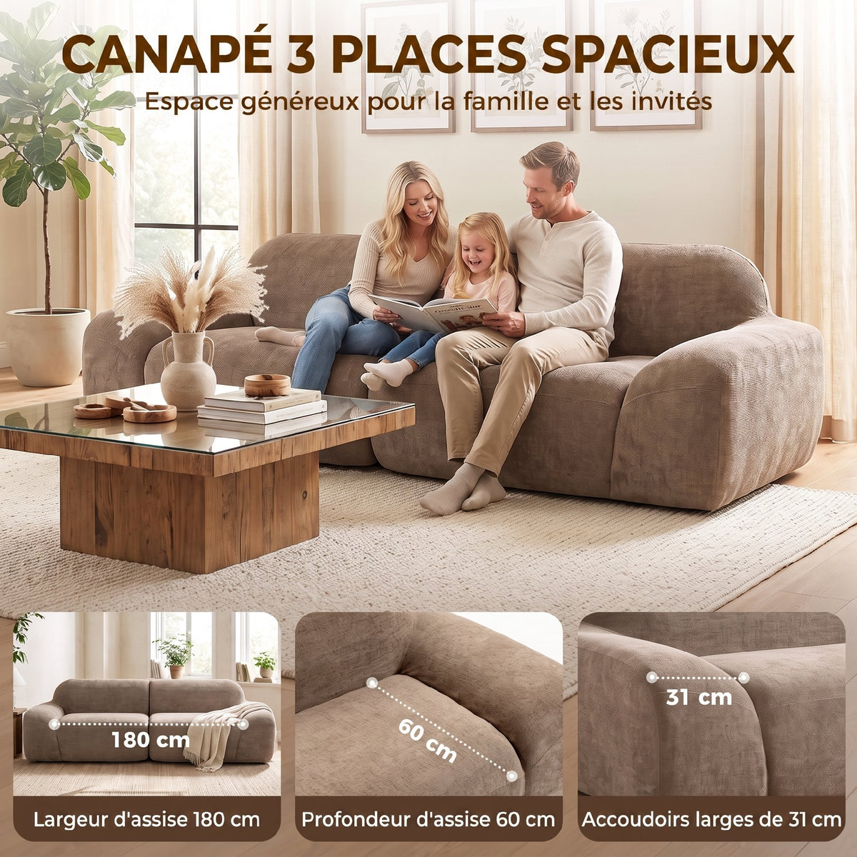 Canapé 3 Places 244 cm, Marron Clair