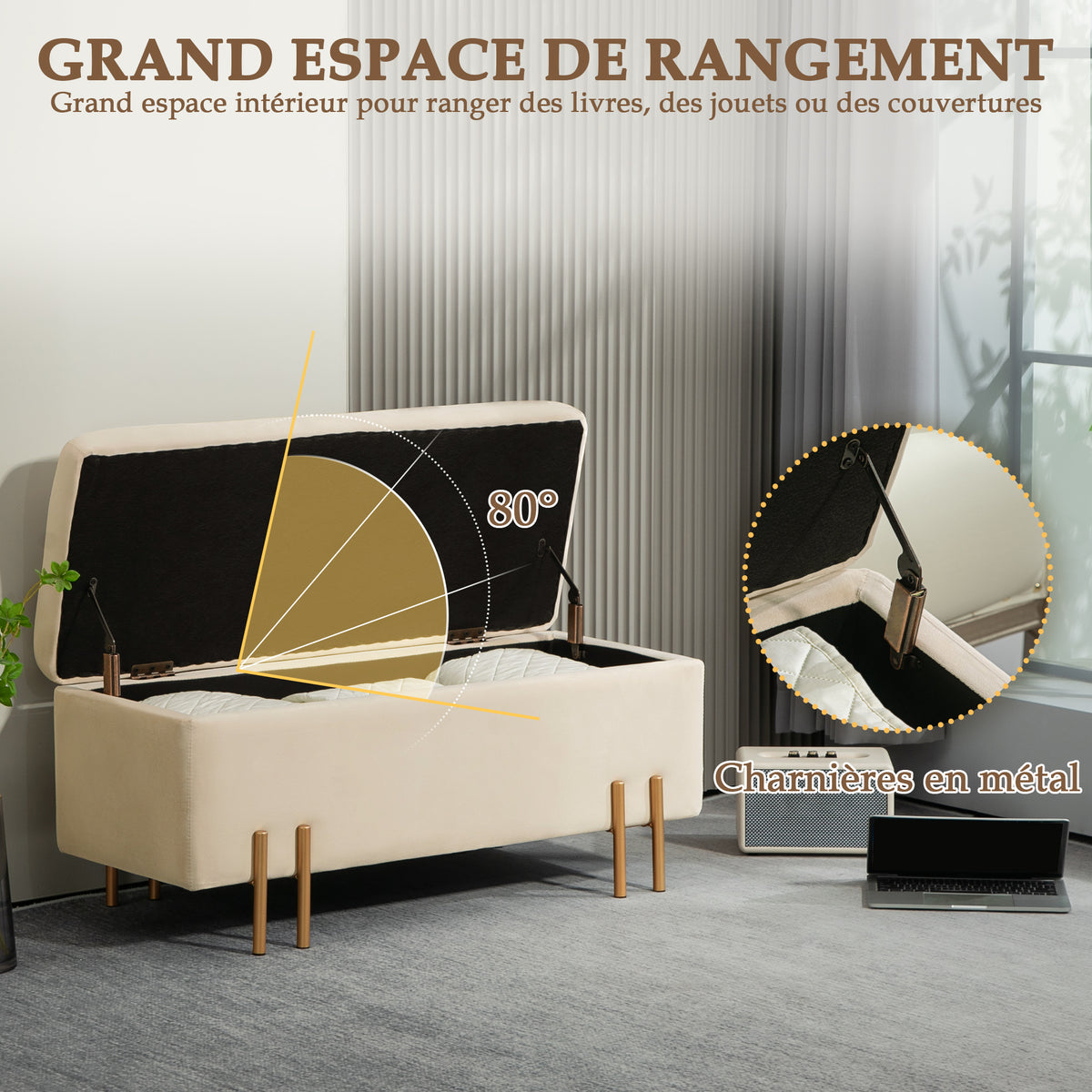 Banc de rangement, espace de rangement velours beige, pieds métal doré