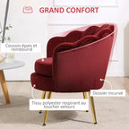 Fauteuil en velours, forme coquillage avec pieds en métal doré, rouge