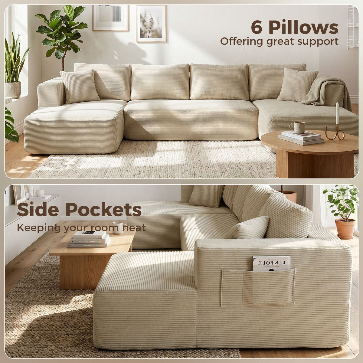 Canapé Modulaire en U Compressé 337 cm, 4 places en Velours Côtelé, Crème