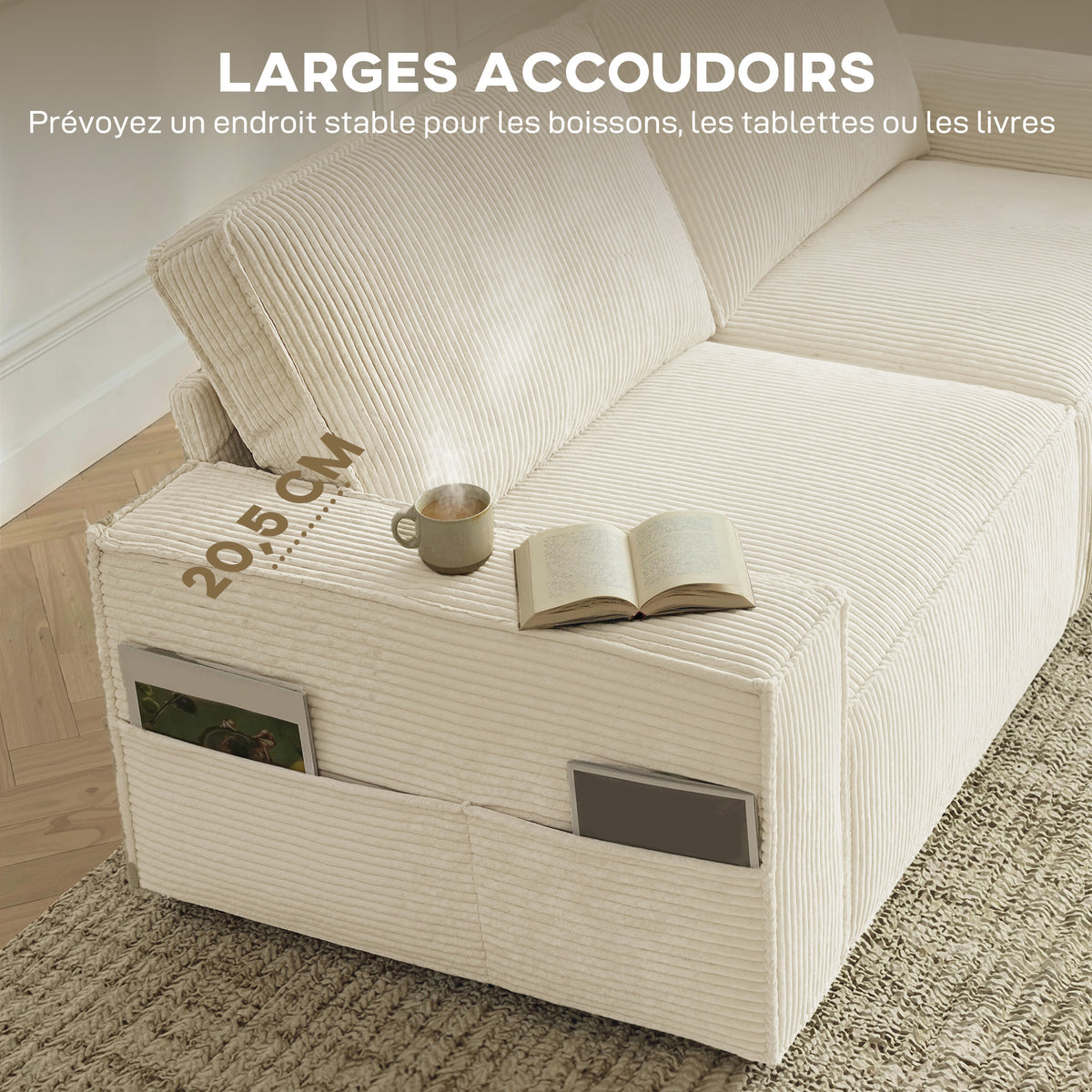 Canapé 3 places en velours 218 cm, coussins à ressorts, 2 coussins, beige