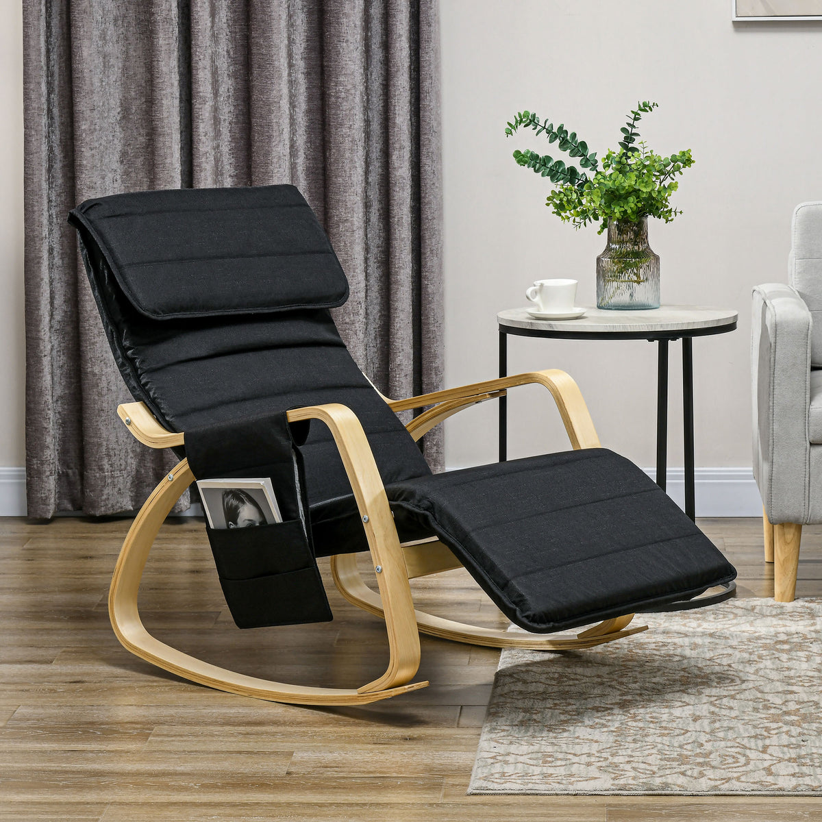 Fauteuil à bascule avec repose-pieds réglable, poche latérale, noir