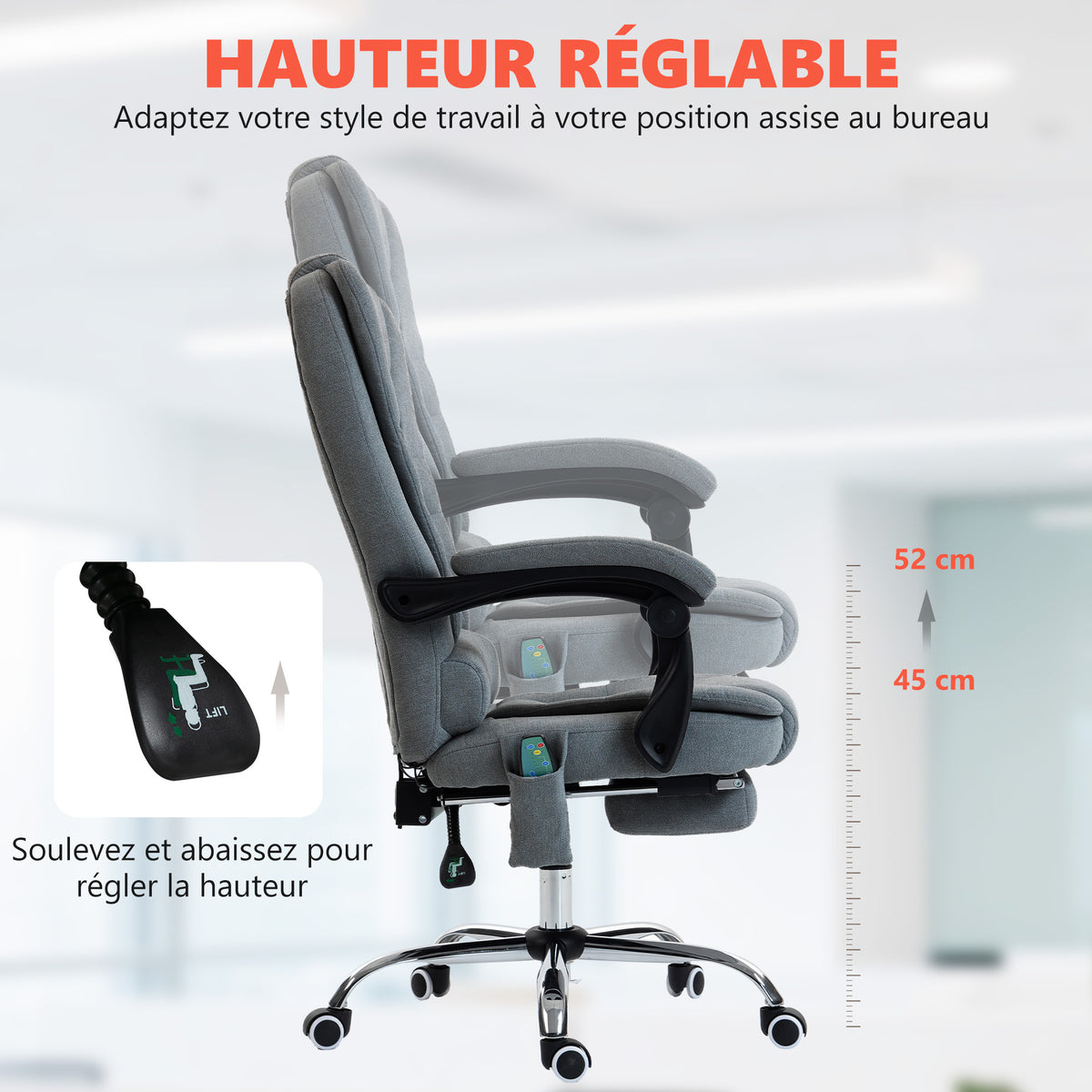 Fauteuil de bureau massant et chauffant, 65x70x111-119cm, gris
