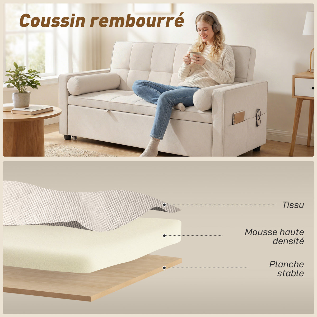 Canapé convertible 2 places, canapé-lit, 2 coussins 80,5x137,5x84cm beige