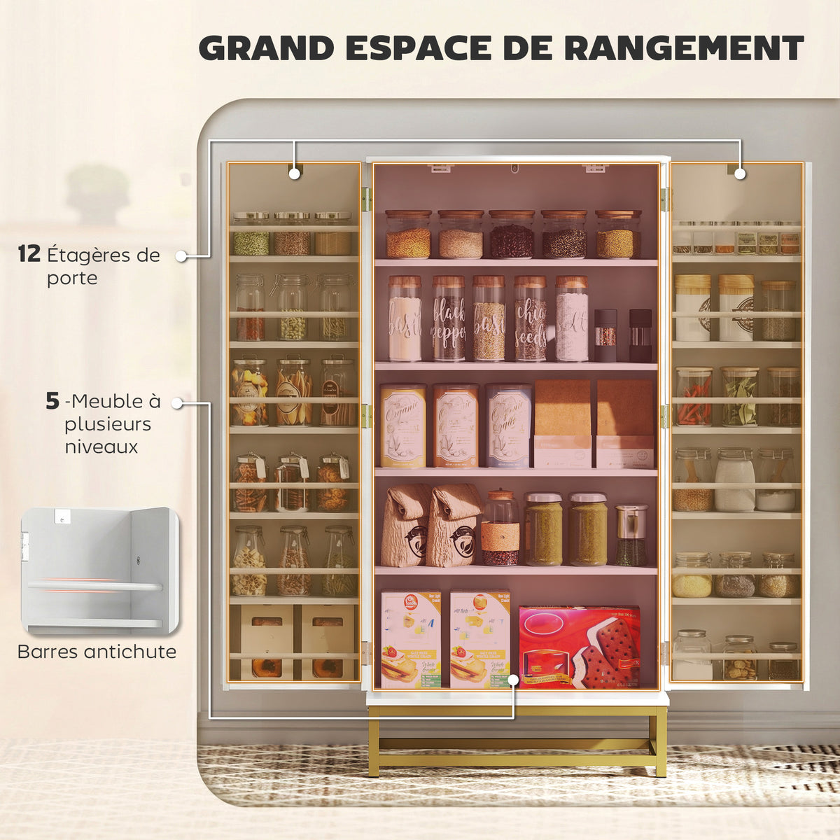 Armoire de cuisine, 12 étagères à portes, 58x29x119,5cm, blanc