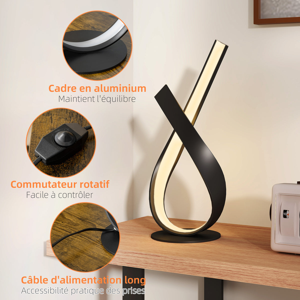 Lampe à design contemporain - design spirale - dim. 21L x 15l x 43H cm - alu. noir LED blanc chaud